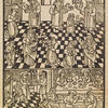 Print image of people indoors holding roosters in top panel and people eating and bathing in bottom panel.