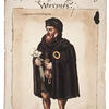 Illustration of man in hat carrying money bag and garlic and wearing badge, with German text across top.