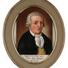 Portrait painting of man in circular frame and Hebrew text underneath. 