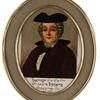 Portrait painting of man in circular frame and Hebrew text underneath.