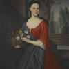 Portrait painting of woman in dress holding basket of flowers.