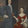 Portrait painting of boy standing next to girl sitting with rose in her hand and lamb in her lap.