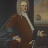 Portrait painting of man with dog in his lap and boat on sea in background. 
