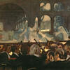 Robert le diable Painting of audience and orchestra facing stage with shadowy figures on it.