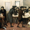 Painting of men in hats and coats washing dead body