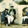 Painting of men cutting cloth and women sewing. 