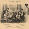 Print of men sitting around a table with jacket and hat hanging on wall to right.